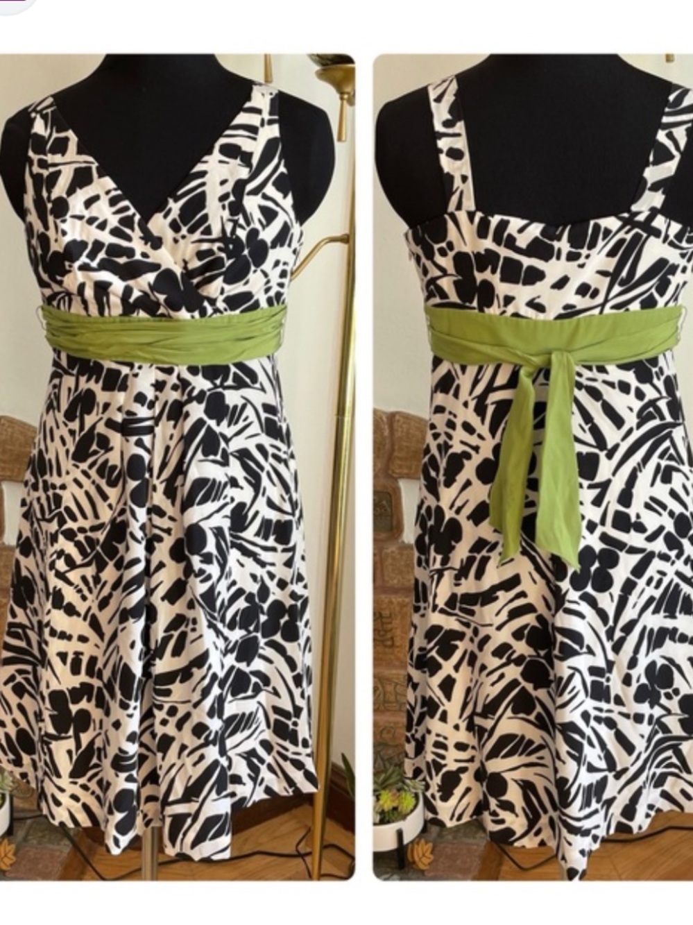 Ann Taylor Y2K 8 Women’s Black & White Floral Fit-and-Flare Dress with Green Sas